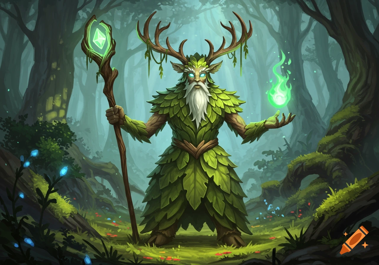 A leafy druid with deer antlers, white beard, and glowing eyes in a mystical forest, holding a staff and a green flame. Digital fantasy art.