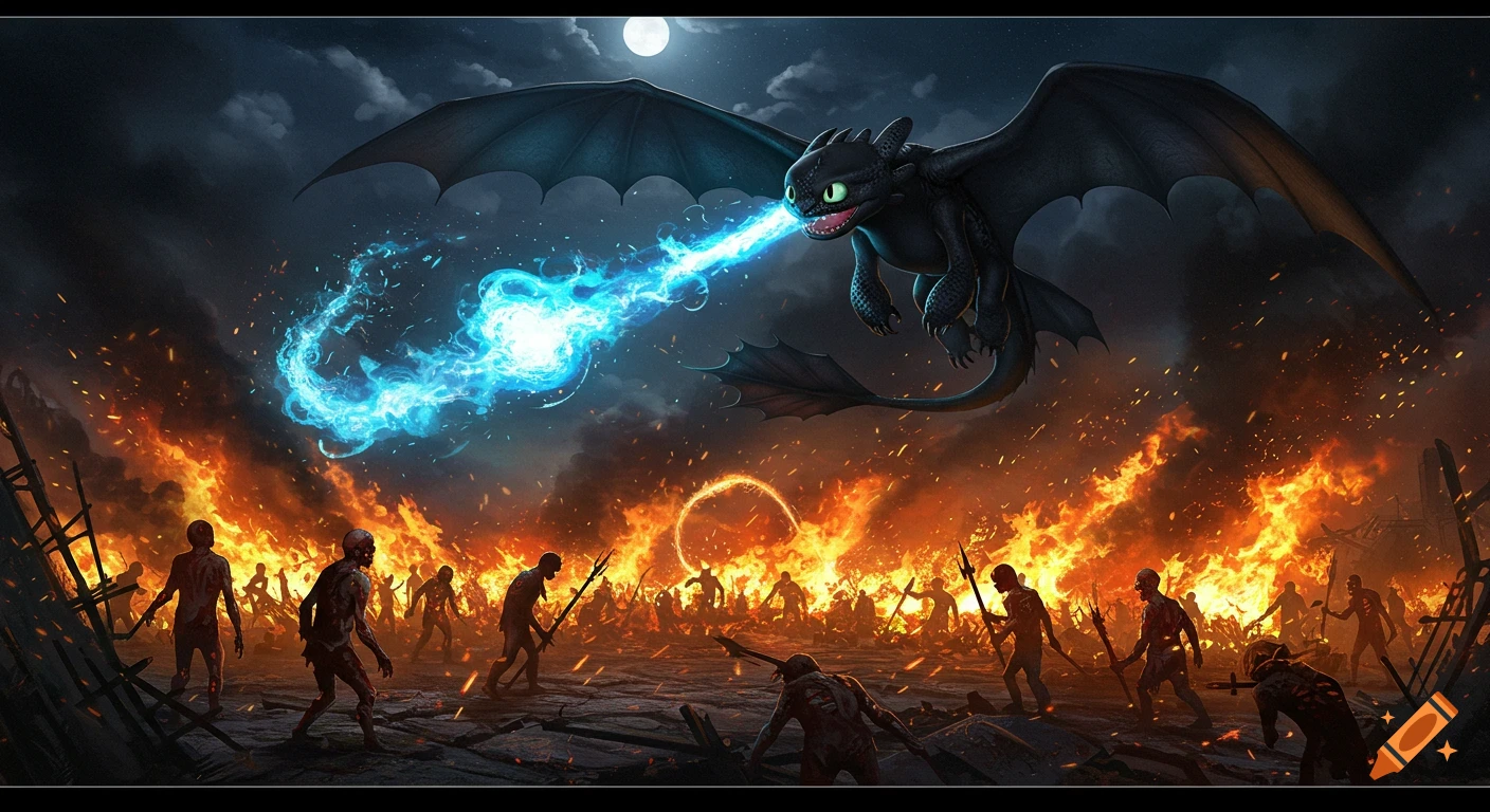 Night Fury Toothless, a black dragon, breathes blue fire at zombies on a fiery battlefield under a full moon. Detailed fantasy art.