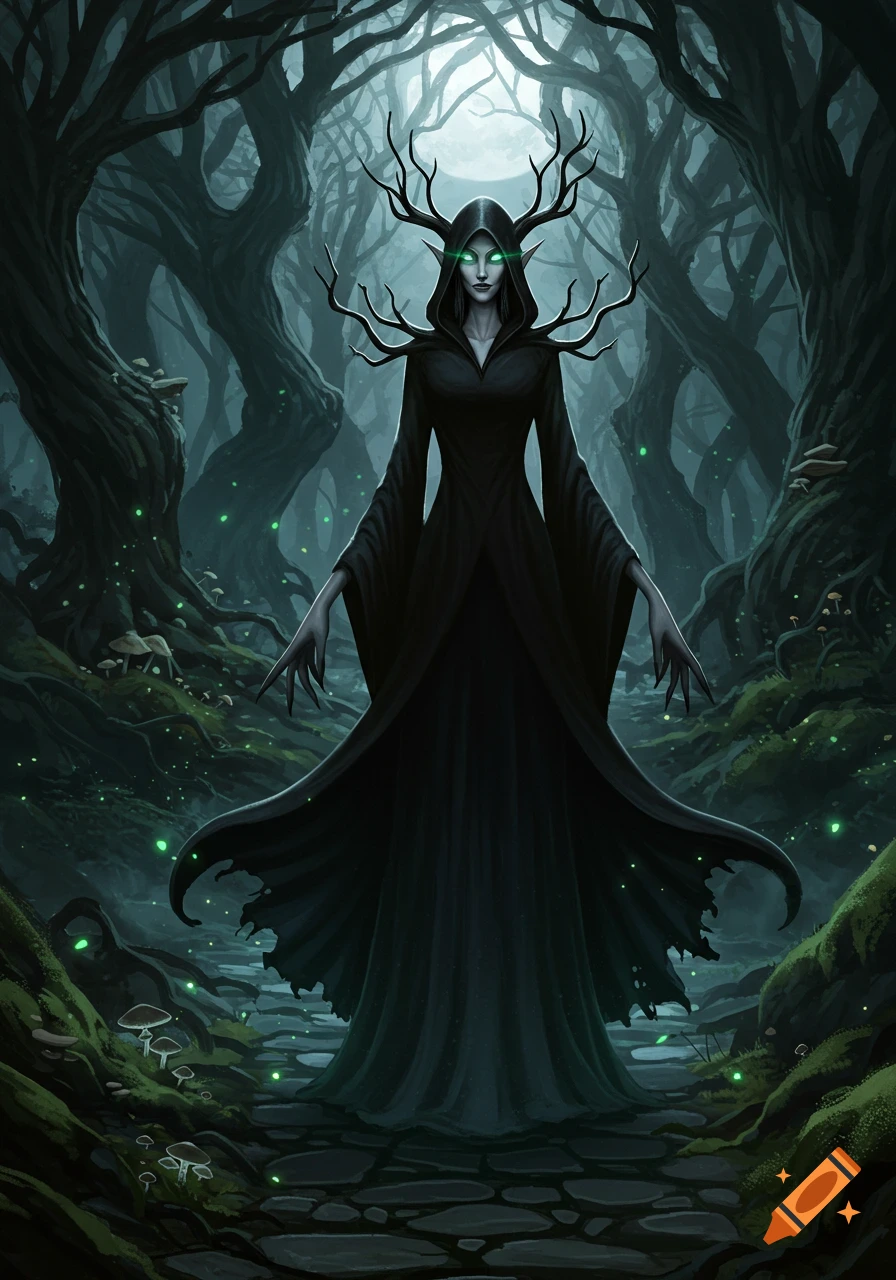 A spooky, dark-robed witch with antlers and glowing green eyes stands on a stone path in a mystical, moonlit forest.