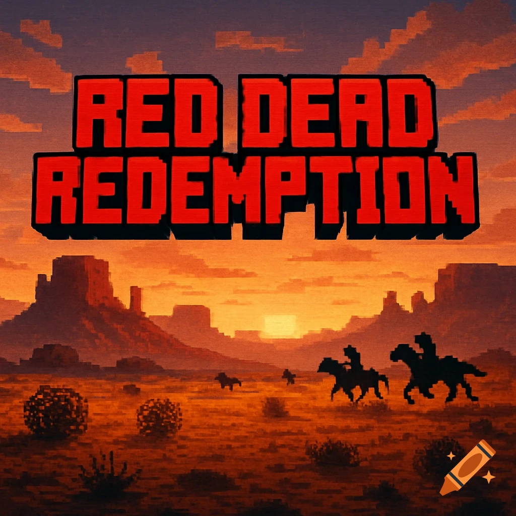Pixel art of the Red Dead Redemption title above a Western desert landscape with silhouetted cowboys on horseback at sunset.