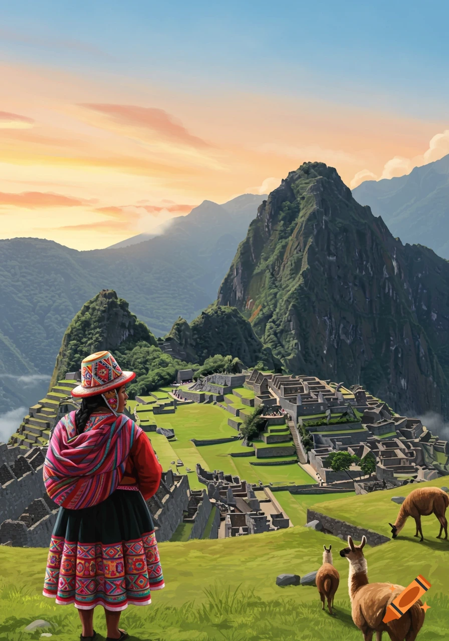 An illustrated view of Machu Picchu at sunset, with a person in traditional Peruvian attire overlooking the ruins and llamas grazing.