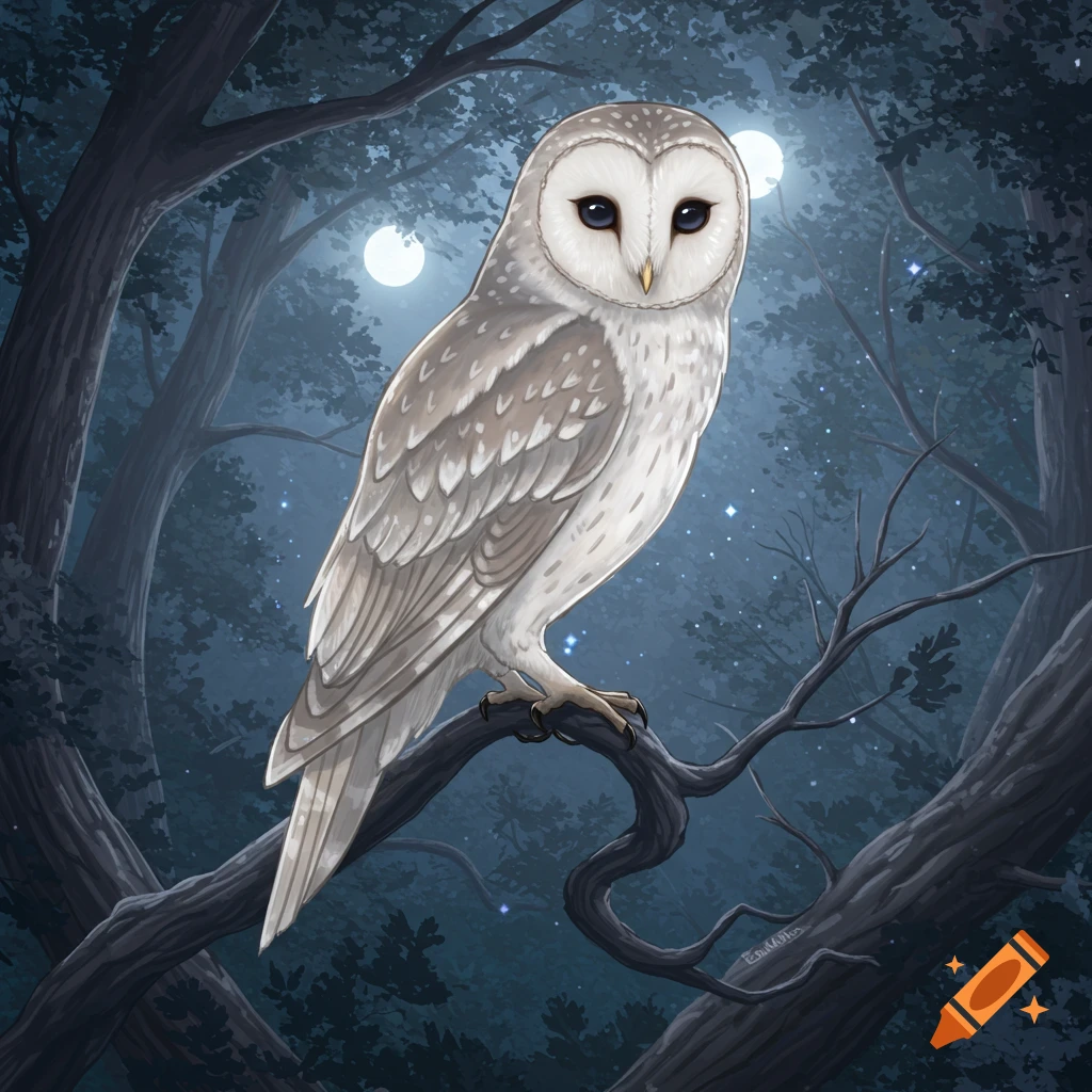 A barn owl with white and brown speckled feathers perches on a gnarled tree branch in a dark, moonlit forest with twinkling stars.