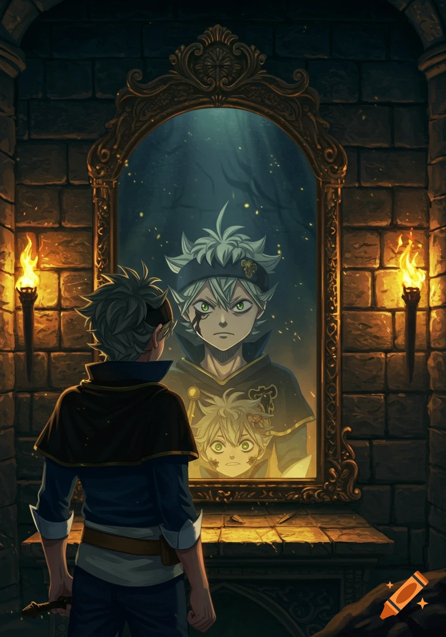 Anime style art of Asta from Black Clover looking into an ornate mirror in a dark stone room, seeing serious older and fearful younger reflections.