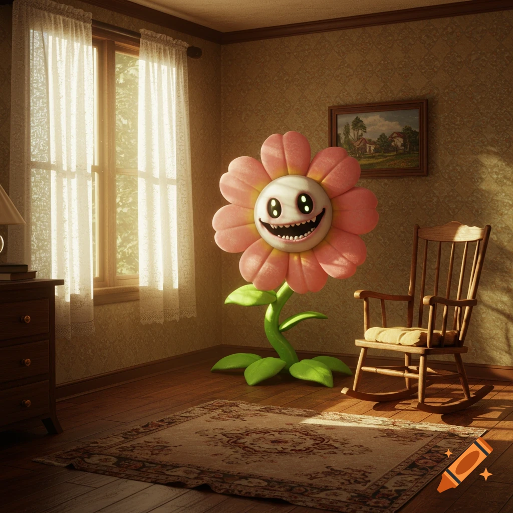 A creepy, smiling, giant pink flower character with glowing eyes stands in a sunlit, old-fashioned room with a rocking chair and rug.