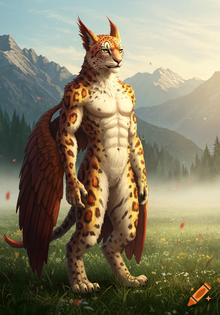 A muscular anthropomorphic snow leopard and gryphon hybrid with spotted fur and wings stands in a grassy mountain field.