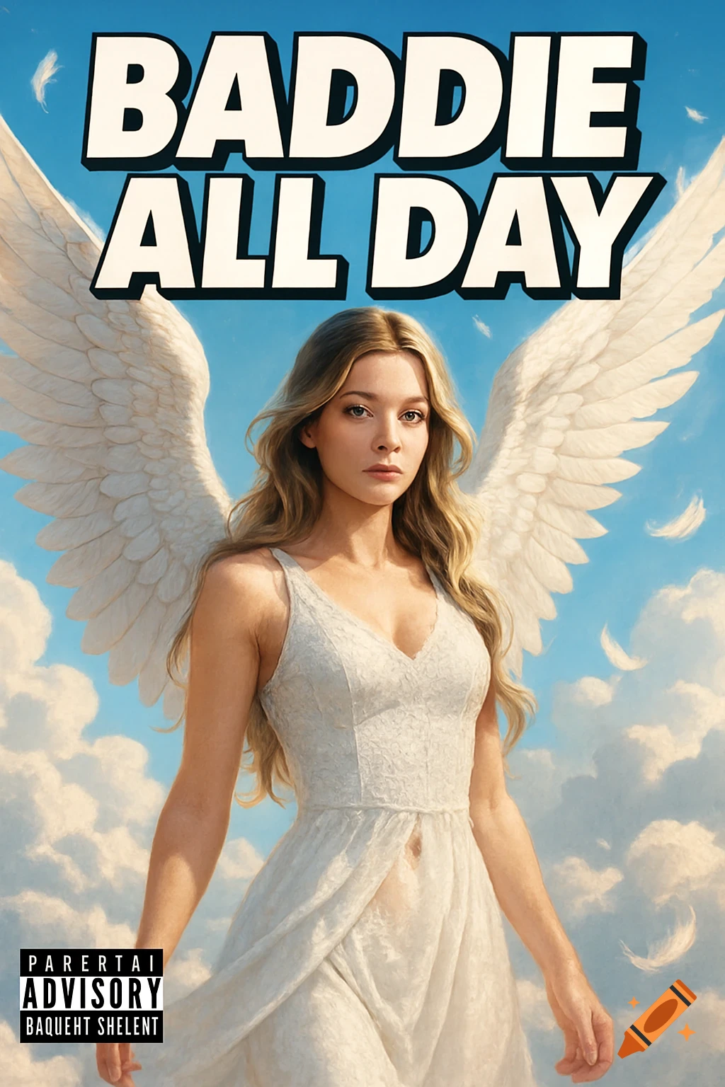 A fair-skinned woman with long blonde hair and large white angel wings floats in a bright blue sky with fluffy clouds. She wears a flowing white dress. Text at the top reads "BADDIE ALL DAY" and a blurred warning label is at the bottom left.