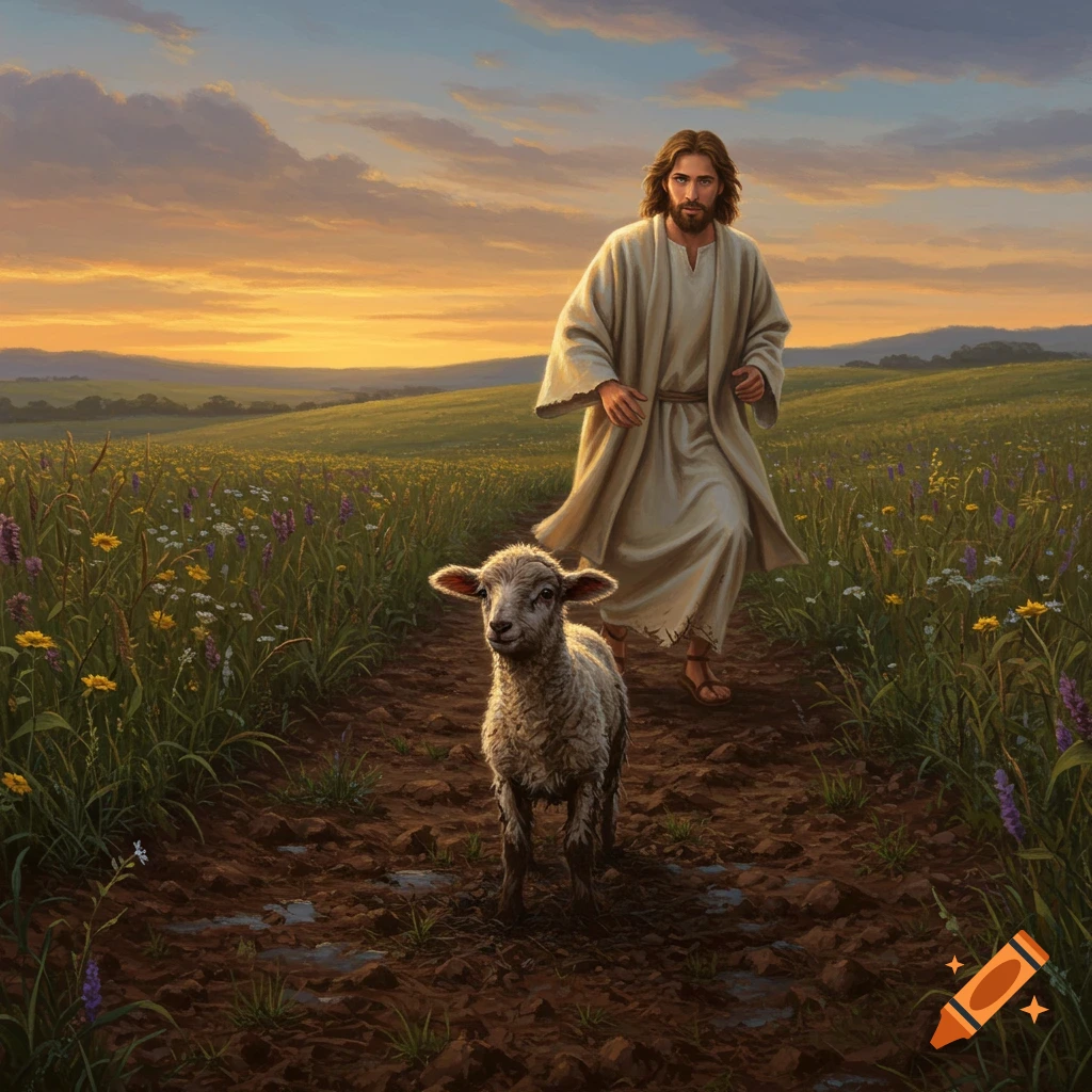 Jesus Christ in robes runs on a muddy path through a wildflower field toward a small lamb at sunset, detailed painting.