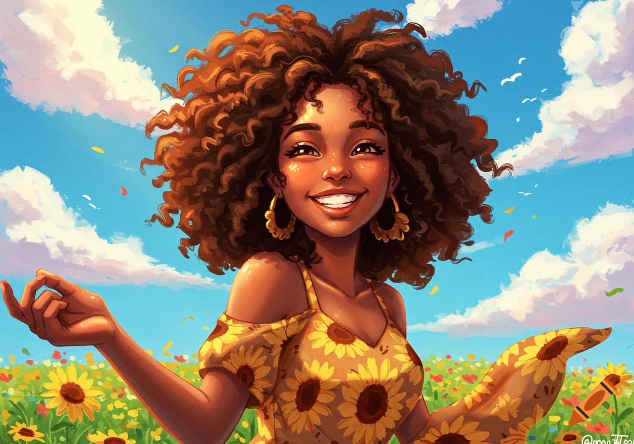 A vibrant illustration of a happy Black girl with curly hair, wearing a sunflower dress, standing in a field of sunflowers under a bright blue sky.