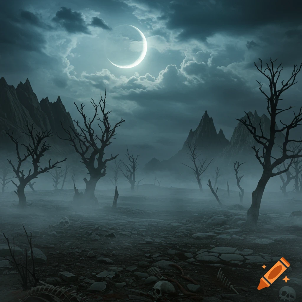 A dark, misty, desolate landscape under a crescent moon with skeletal trees, jagged mountains, and scattered skulls on the ground.