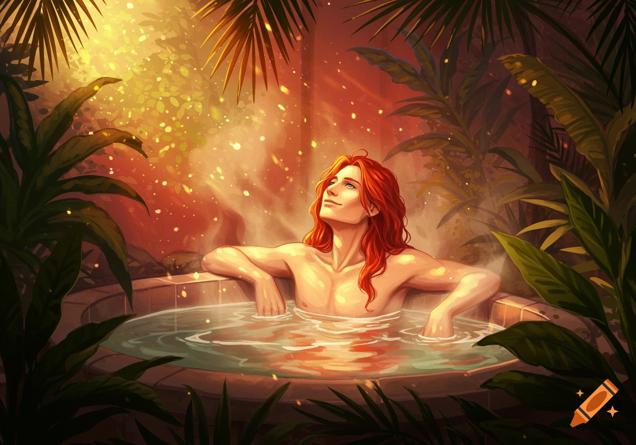 A long red-haired man relaxing in a steaming hot tub, surrounded by lush tropical plants, bathed in warm golden light.