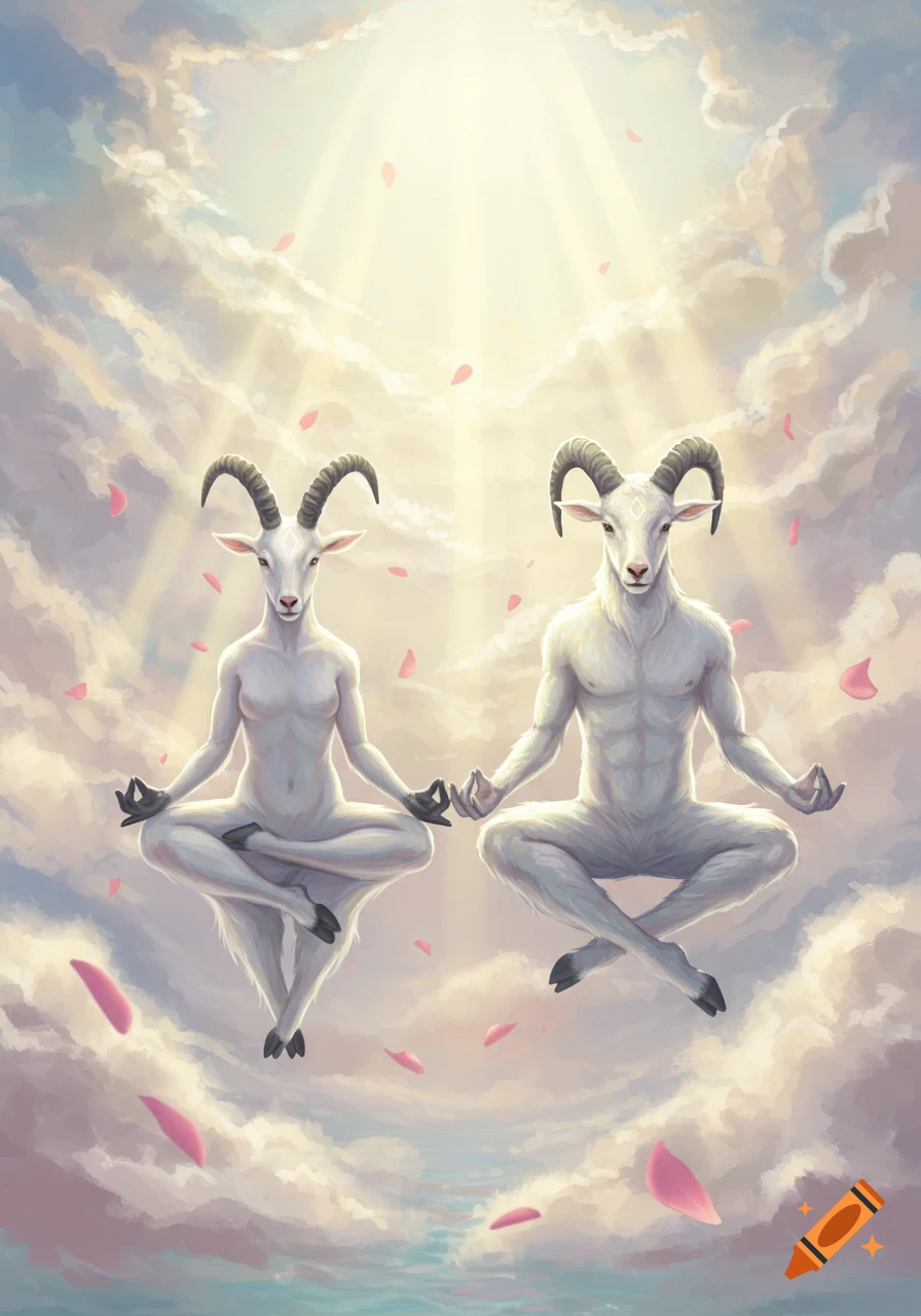 A male and female goat-headed figure float in lotus position, meditating in ethereal clouds with light rays and pink petals.