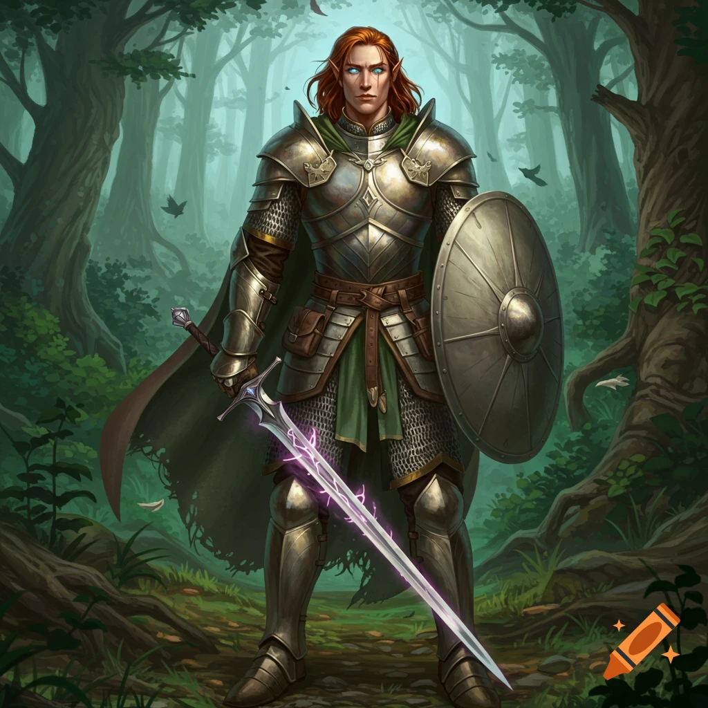 Red-haired elf warrior in ornate armor stands in a forest, holding a glowing sword and shield. Fantasy illustration.