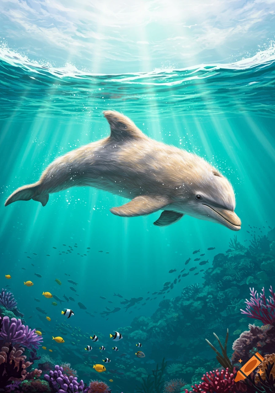 A furry dolphin swims in a sunlit ocean with vibrant coral and small fish.