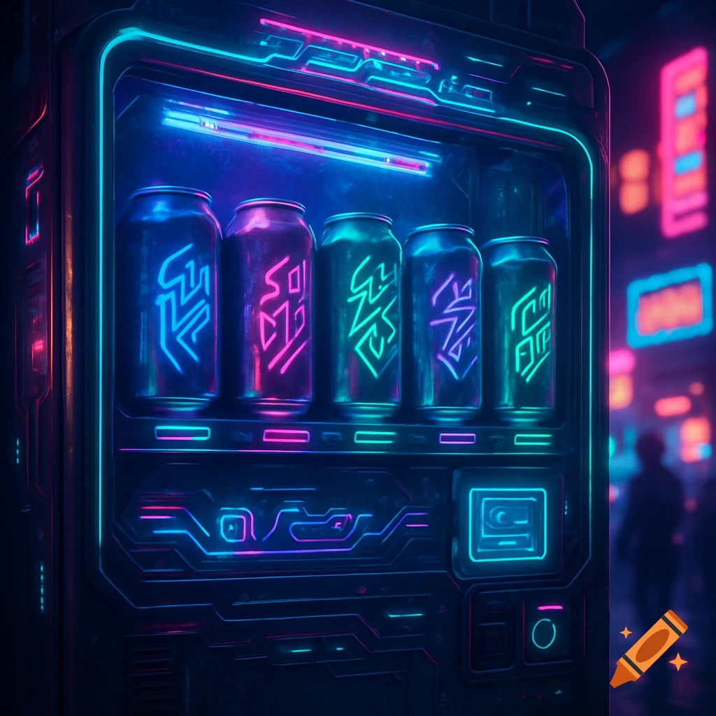 A neon-lit cyberpunk vending machine displaying five soda cans with glowing extraterrestrial symbols against a blurred city background.