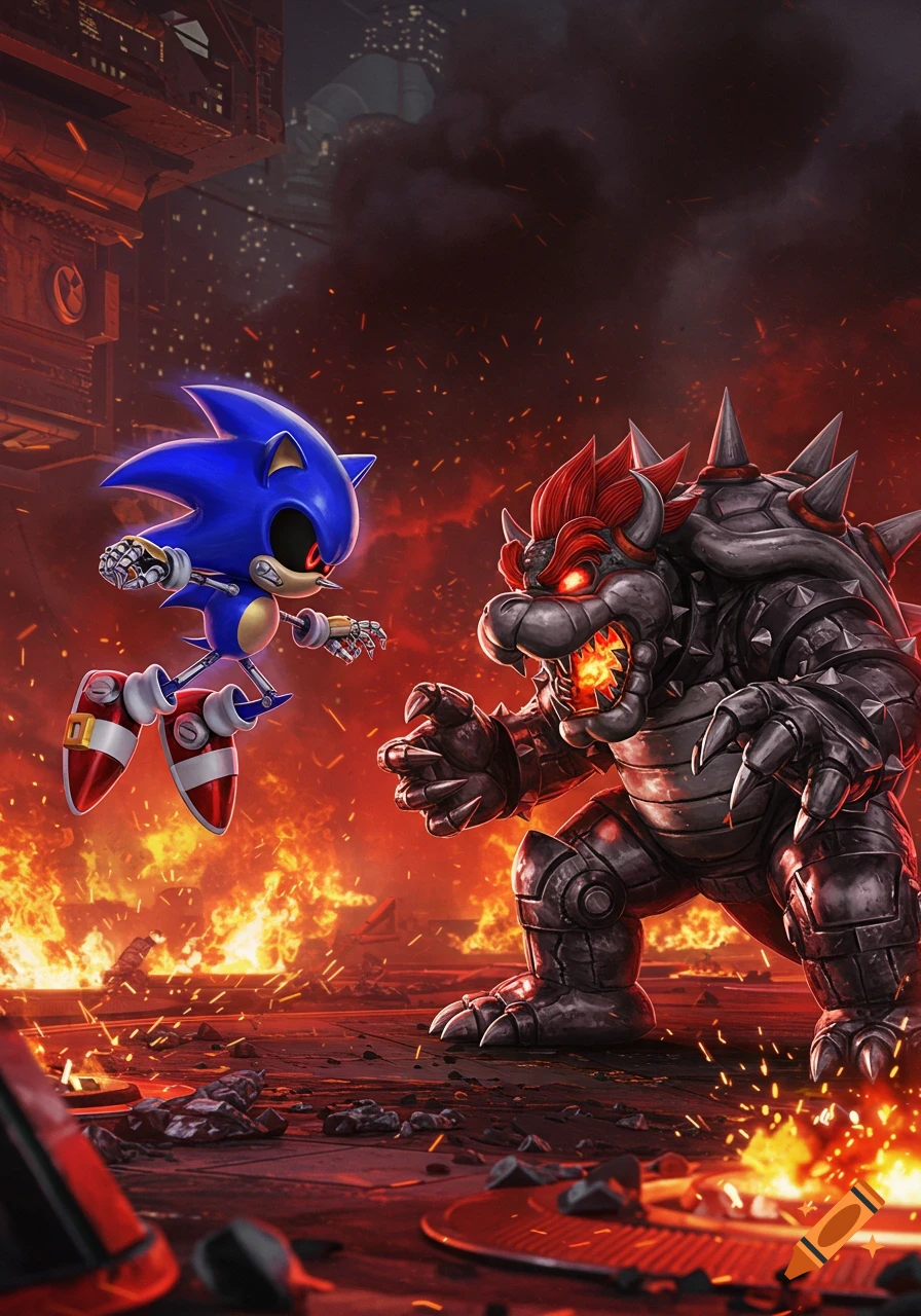 Metal Sonic battles a metallic Bowser amidst flames and destruction in a detailed, dynamic digital illustration.