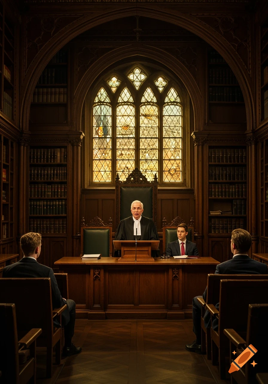 A judge speaking from a podium in a grand, wood-paneled courtroom with a large stained-glass window. People are seated in front.