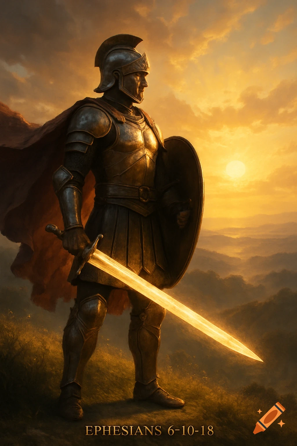 A majestic warrior in full armor stands heroically on a hilltop at golden sunrise, holding a glowing sword and shield, with mountains in the distance. Text: Ephesians 6-10-18.