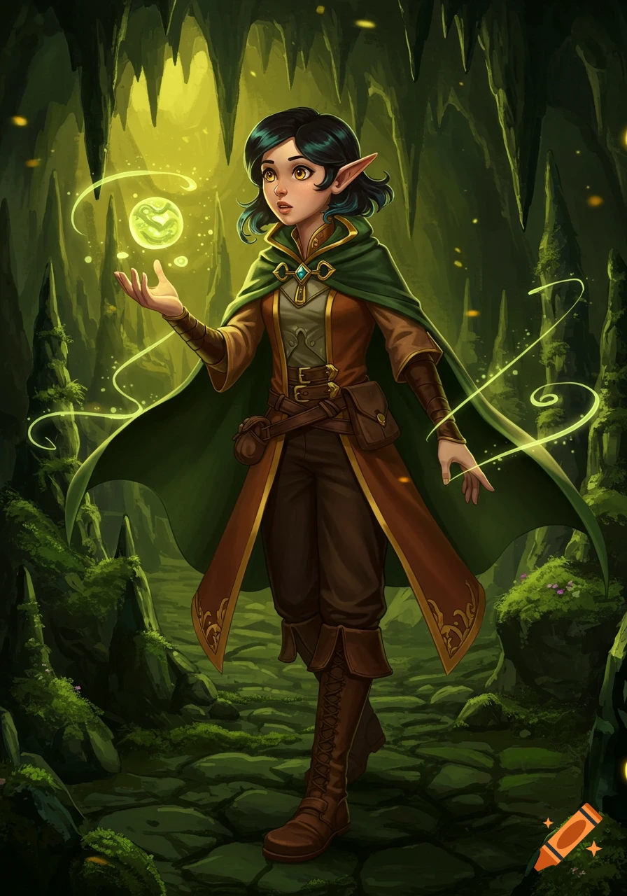 Marcille, an elf-like character, holds a glowing green orb in a lush, magical cave, in a detailed digital art style.