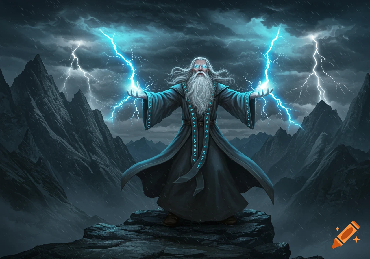 A white-bearded wizard in a dark robe stands on a mountain peak, casting electric blue lightning from his hands amidst a stormy sky.