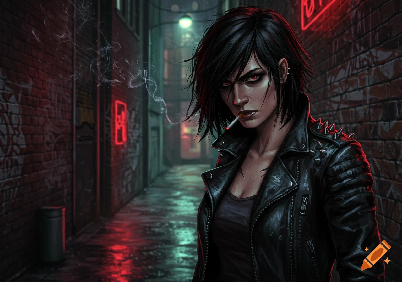 A tough-looking woman with dark hair, red eyes, and a lip piercing smokes a cigarette in a rainy, neon-lit urban alley.