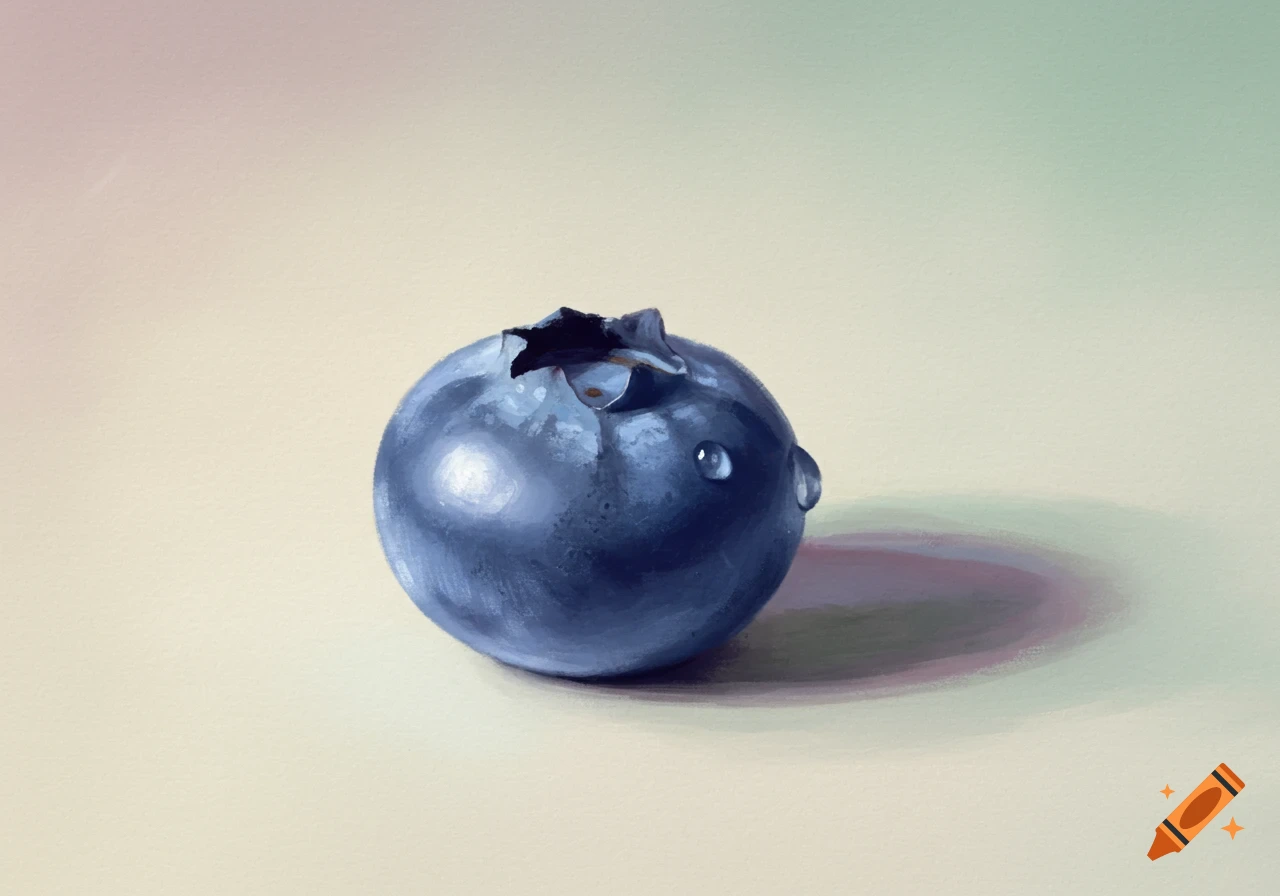 A close-up pastel painting of a single blueberry with water droplets and a soft shadow on a light background.