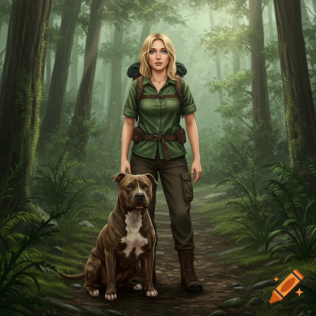 A blonde woman in hiking gear with a pitbull dog on a forest path, depicted in a detailed illustration style.
