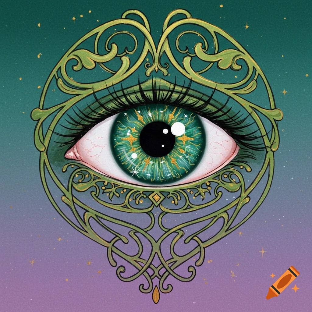 Stylized green eye surrounded by intricate gold and green Art Nouveau patterns, against a teal to purple gradient background with sparkles.