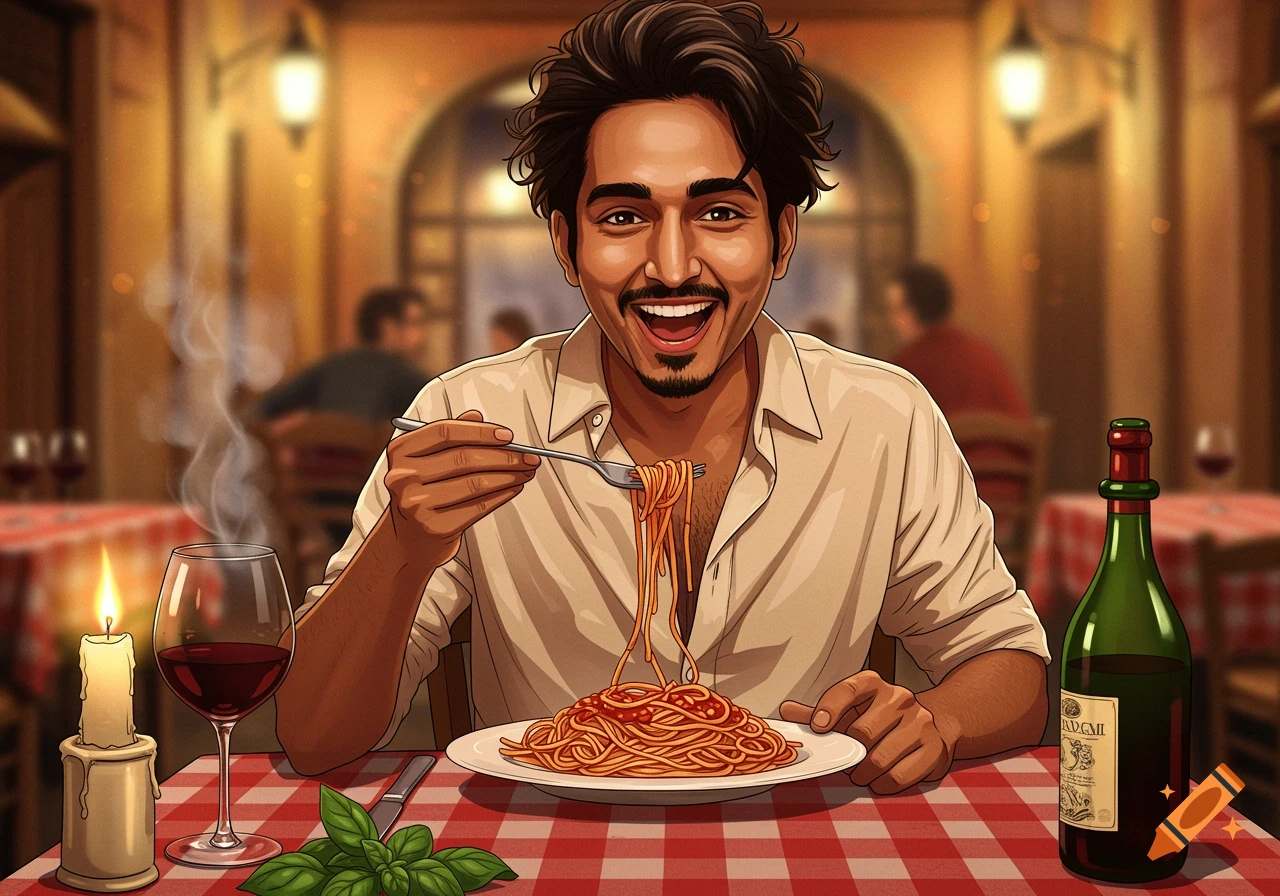 Cartoon illustration of a smiling man with dark hair eating spaghetti at a checkered table in an Italian restaurant.