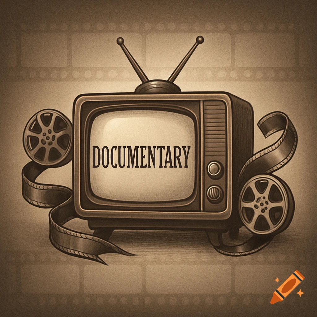 Vintage sepia illustration of an old television set with 'DOCUMENTARY' on the screen, surrounded by film reels and film strip patterns.