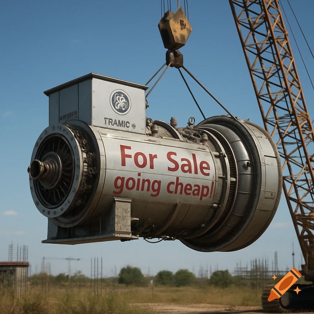 A large industrial generator with 'For Sale going cheap!' written on it, being lifted by a crane at a construction site.