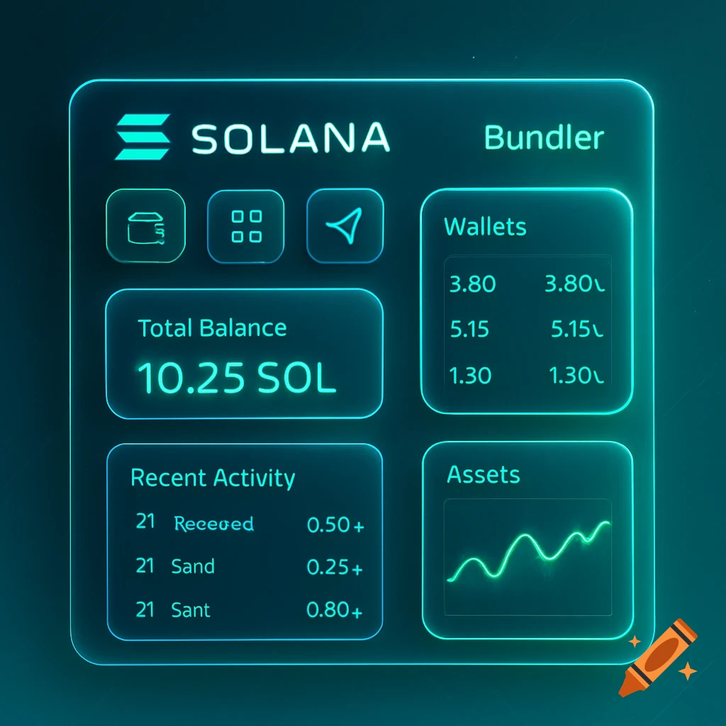 A glowing blue and green digital user interface for a Solana cryptocurrency wallet, showing total balance, recent activity, wallets, and assets with a line graph.
