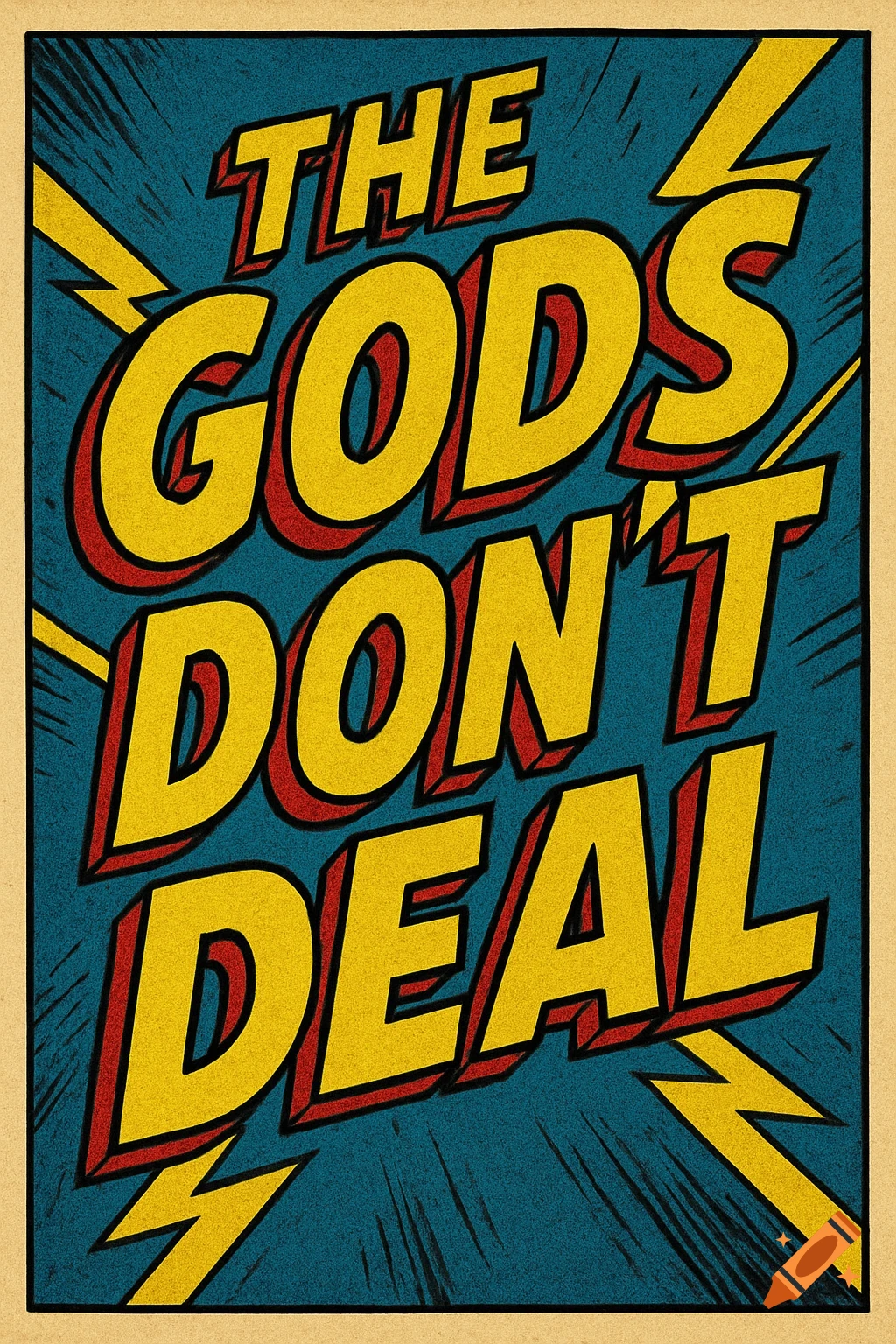 A vintage comic book style poster with bold yellow text 'THE GODS DON'T DEAL' on a textured blue background with red shadows and lightning bolts, framed by a beige border.