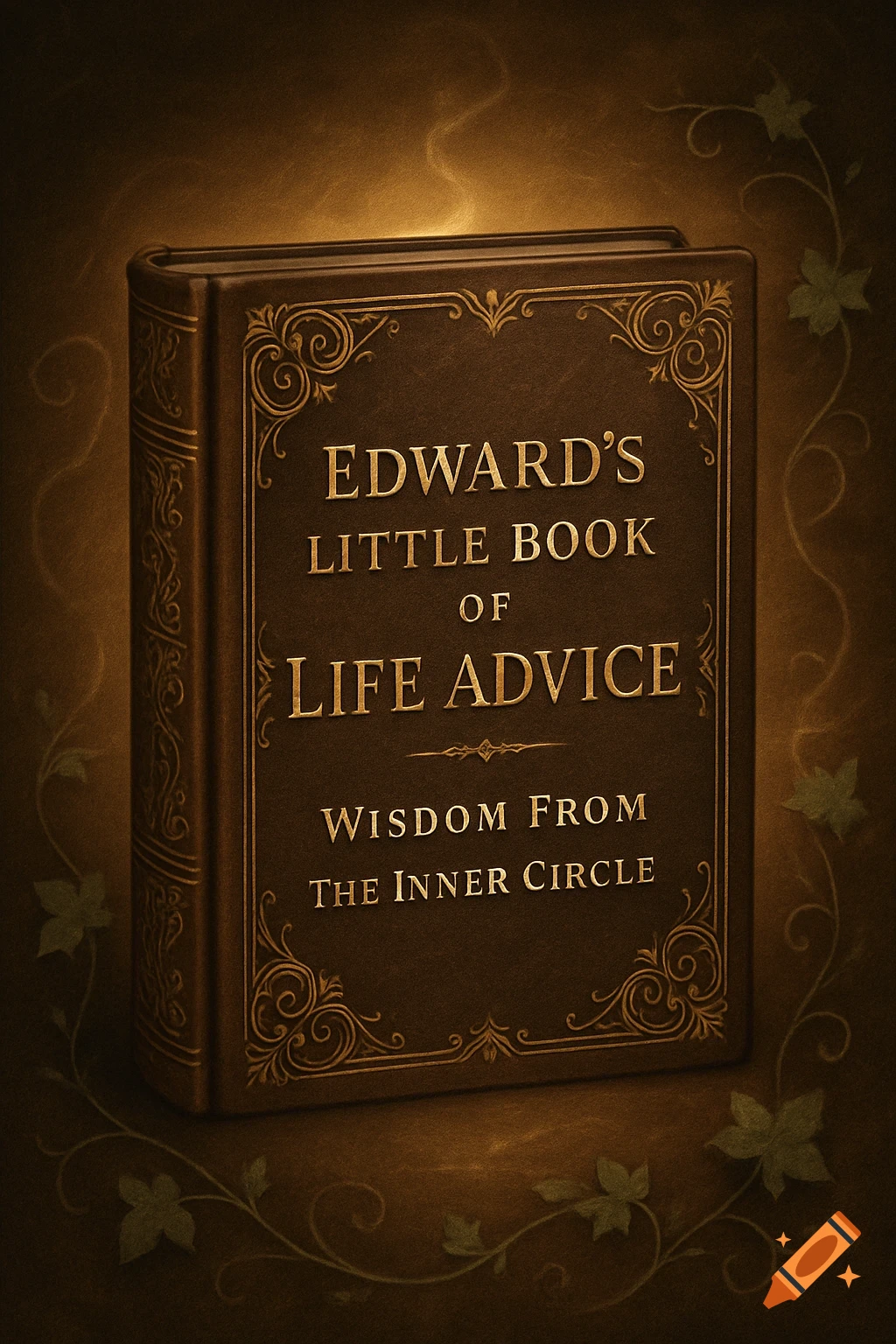A vintage brown book titled 'Edward's Little Book of Life Advice' with gold ornate trim, on a dark, glowing background.