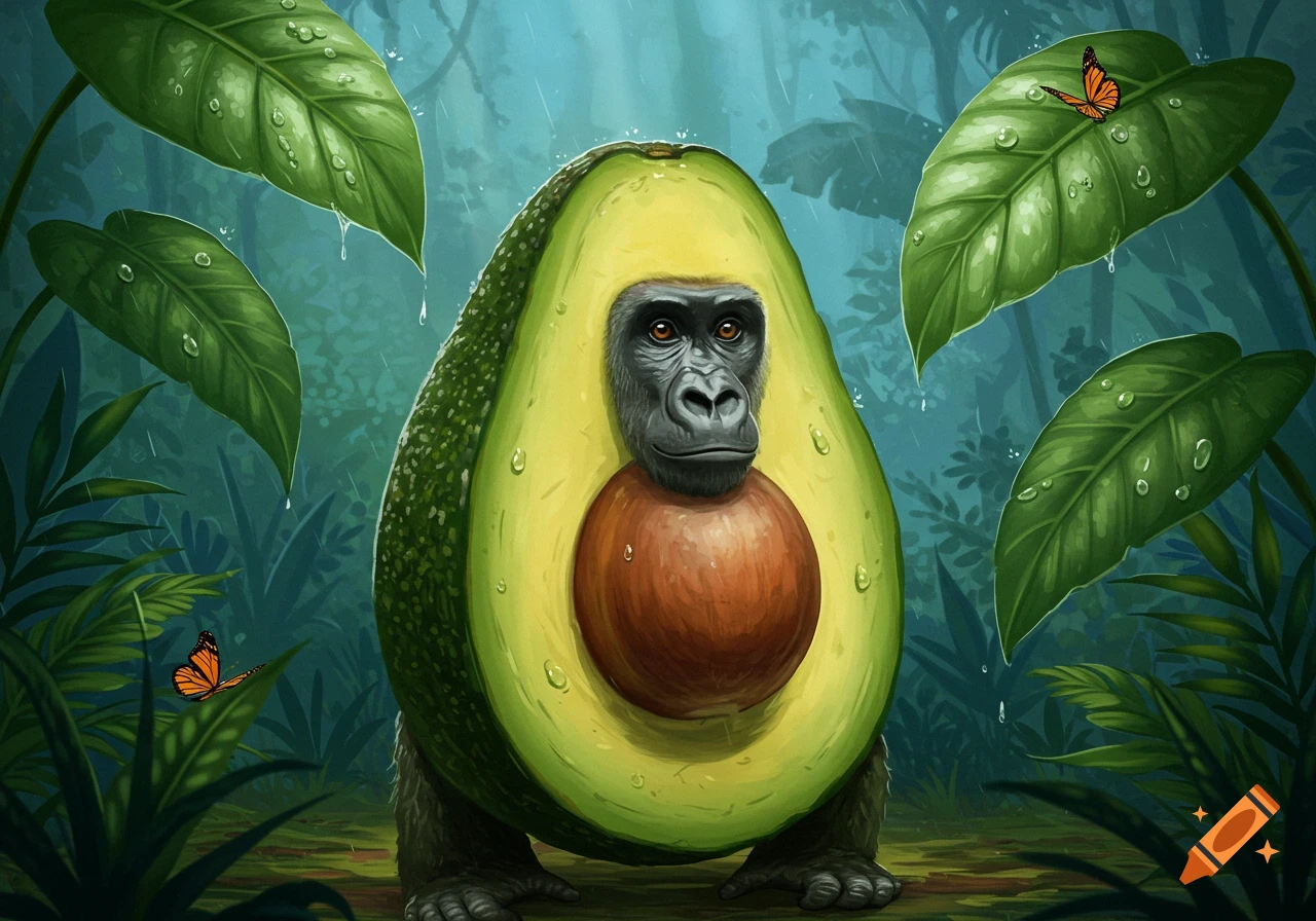 A gorilla with the body of an avocado stands in a lush jungle, with water droplets on leaves and butterflies.