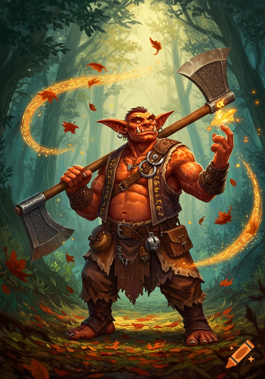 A reddish-orange hobgoblin with tusks and pointed ears stands in a sunlit forest, holding a large greataxe and casting a golden magical spell with his other hand. Leaves and runes float around him in a fantasy art style.