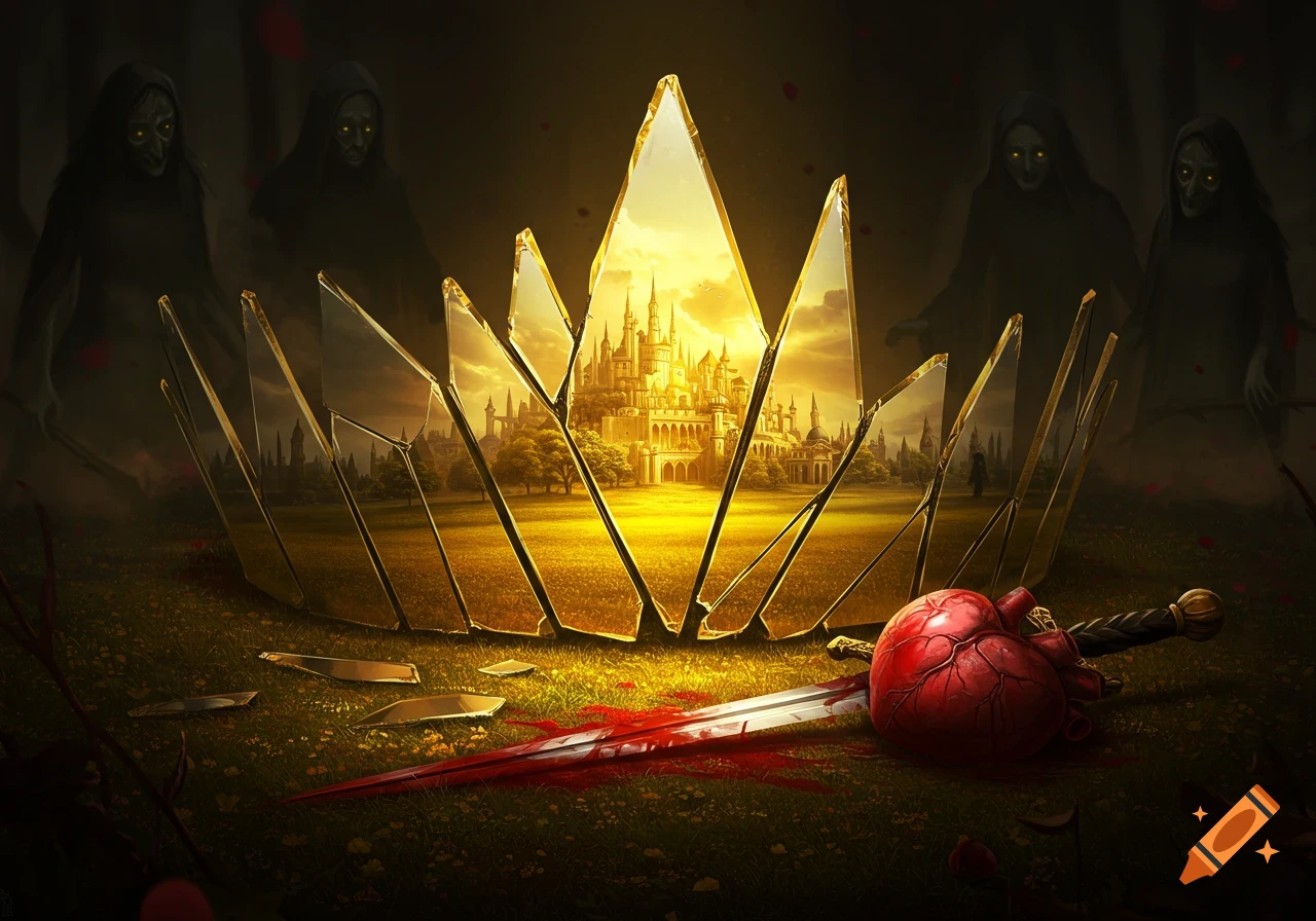 A shattered mirror crown reflects a golden kingdom, with a bloody sword piercing a heart in the foreground, and shadowy figures in the dark background.