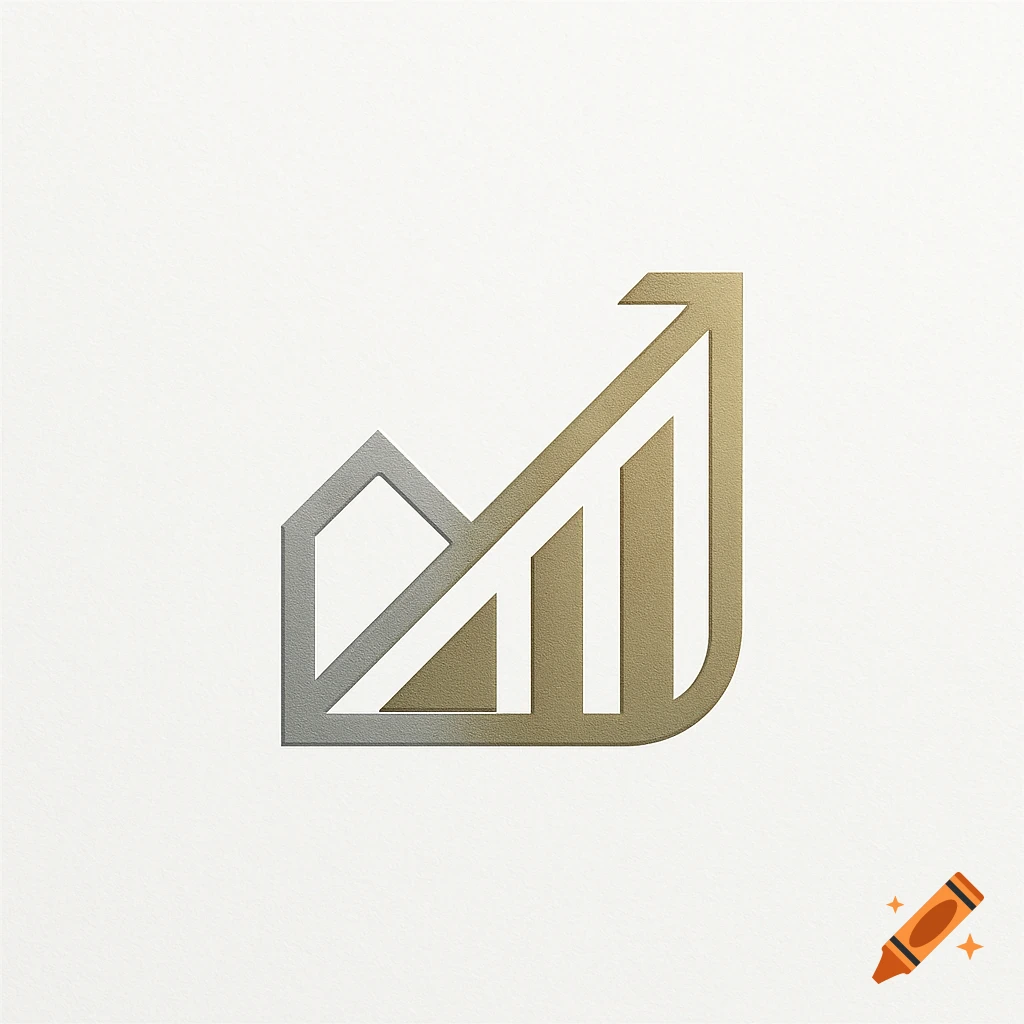 Stylized logo combining a house outline and an upward trending bar graph, with a silver-to-gold metallic gradient on a textured white background.