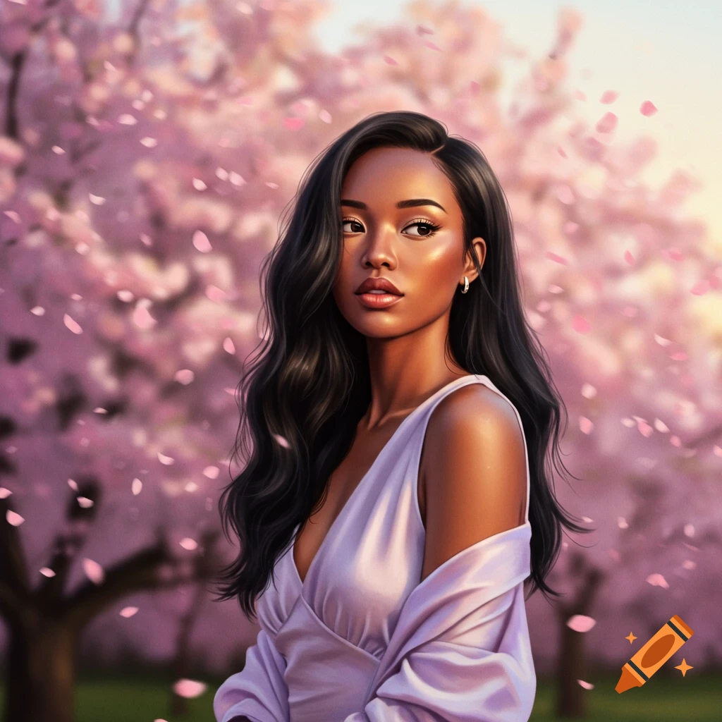 A beautiful woman with long dark hair and dark skin tone in a light purple dress stands among pink cherry blossoms.