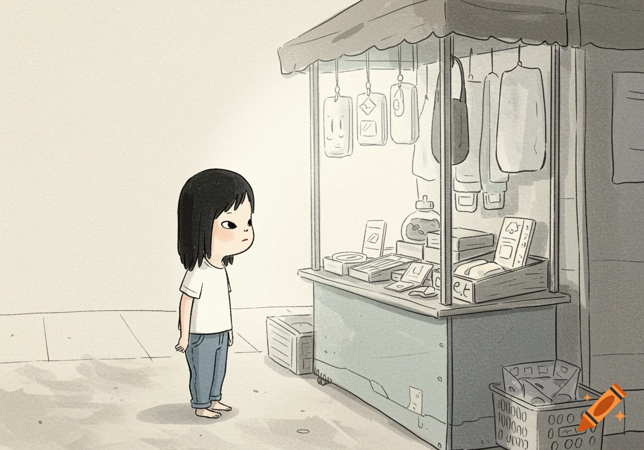 A solemn girl with black hair looks at items displayed on a grey street stall, rendered in a simple, hand-drawn style.