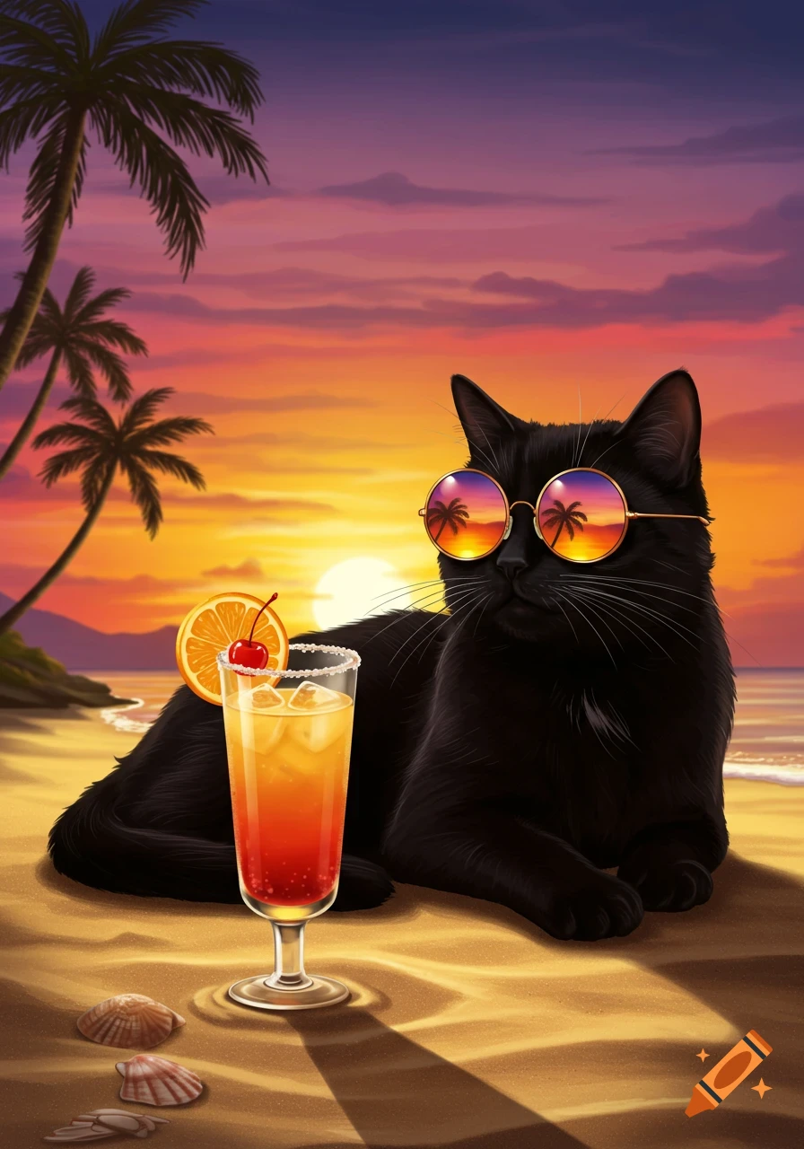 A cool black cat wearing sunglasses relaxes on a sandy beach next to a tequila sunrise cocktail at sunset, with palm trees visible.