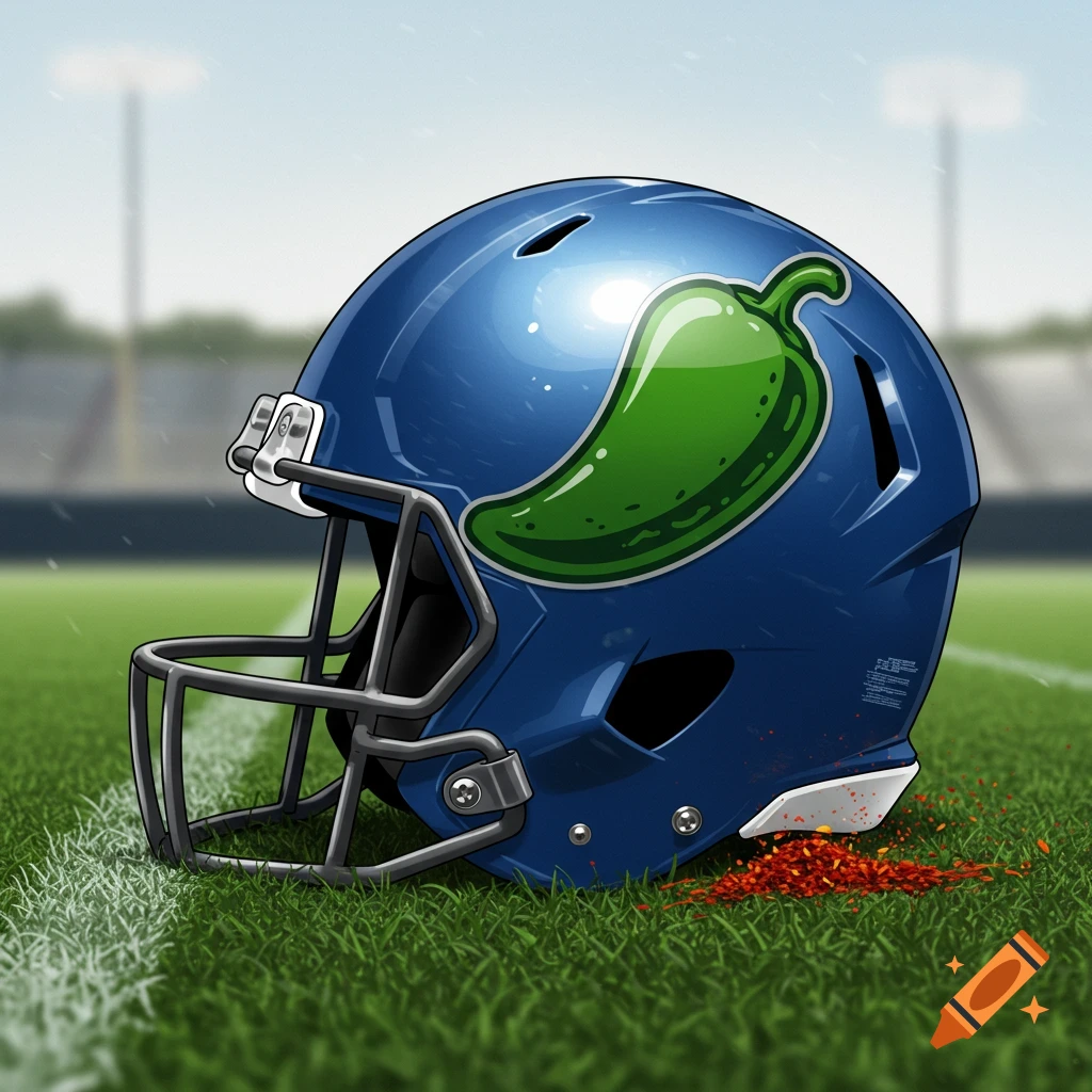 A blue football helmet with a green jalape o sticker sits on a grassy field next to red spice.