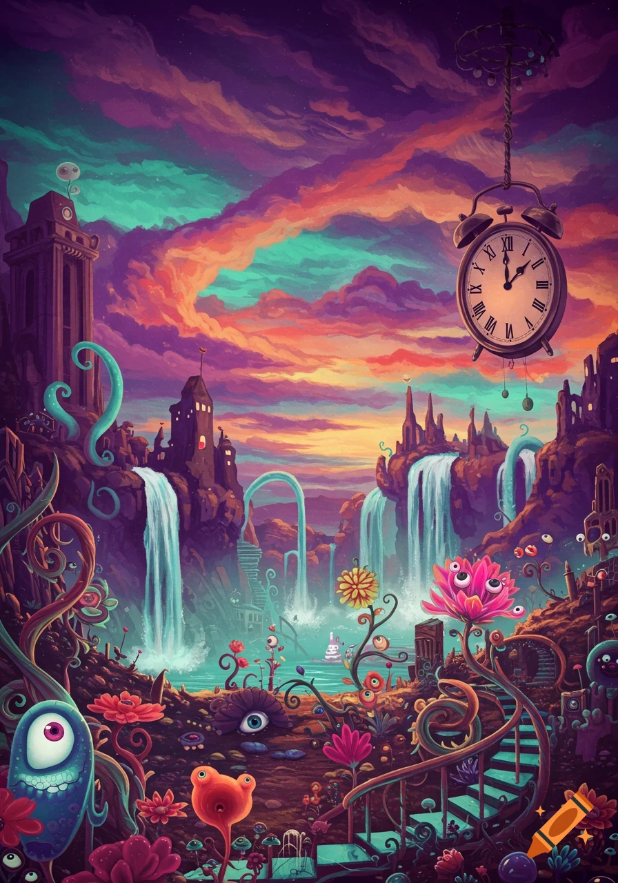 Vibrant surreal dreamscape with a floating clock, fantastical castles, waterfalls, and whimsical, multi-eyed plants and creatures.