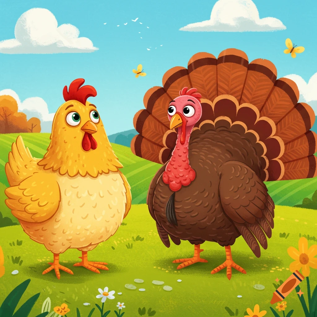 A cartoon yellow chicken and a brown turkey stand in a green field under a blue sky with clouds and butterflies.
