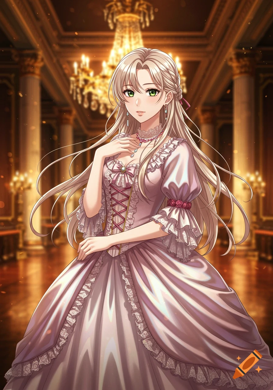 Anime girl with long blonde hair and green eyes in an elaborate pink gown stands in a luxurious ballroom.