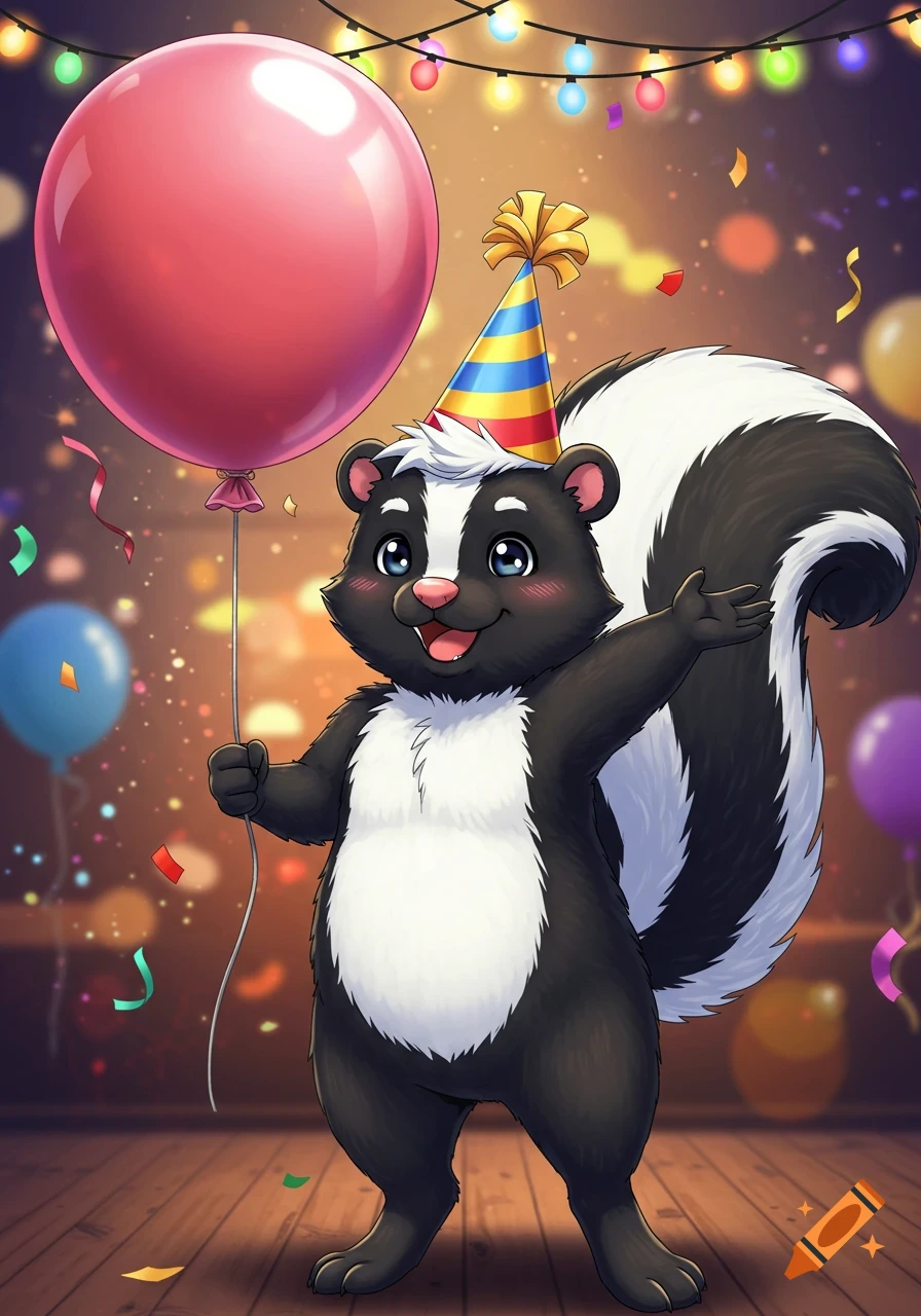 Cute anime skunk wearing a striped party hat, smiling and holding a pink balloon at a celebration with confetti and string lights.