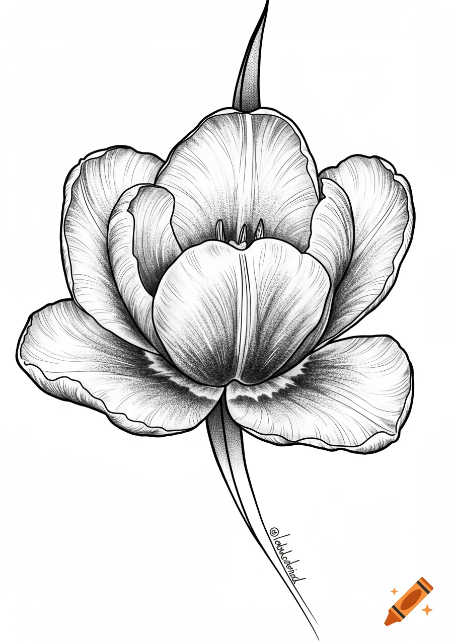 Black and white line art illustration of a blooming tulip, suitable for a tattoo design.