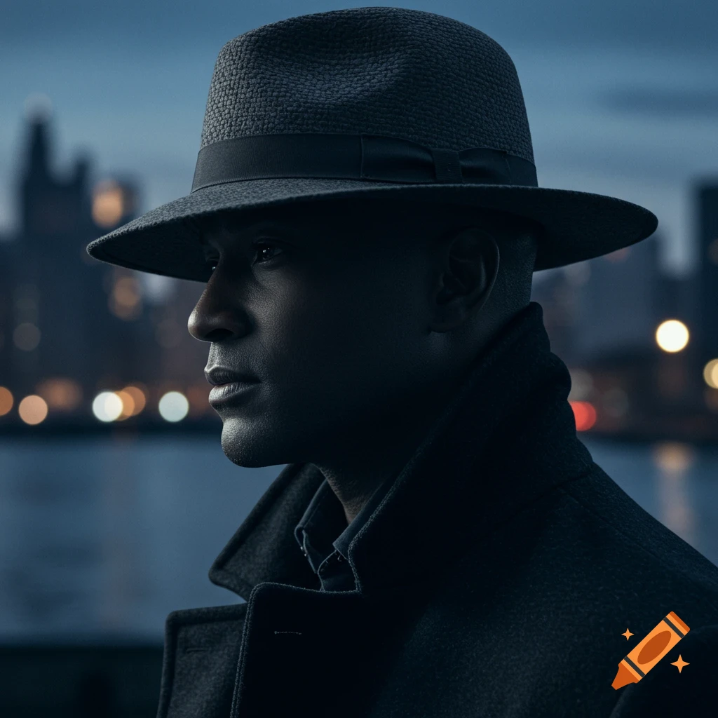 Photorealistic profile of a man in a fedora hat and trench coat looking left, with a blurred city skyline at night in the background.