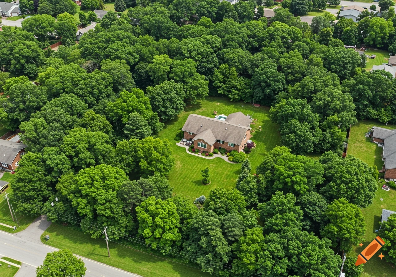 Aerial view of a suburban house with a large green lawn surrounded by dense trees, with a road nearby.