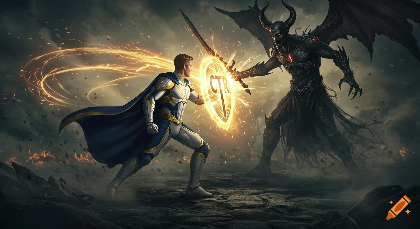 A superhero in white and blue armor with a glowing 'CTR' shield blocks a dark, winged demon's sword on a chaotic battlefield.