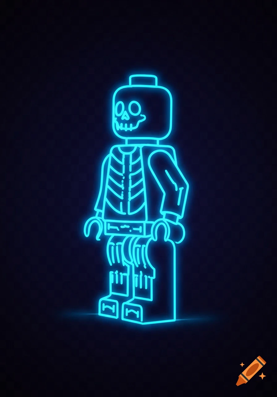 A glowing blue neon outline of a Lego skeleton minifigure in a side profile view against a dark background.